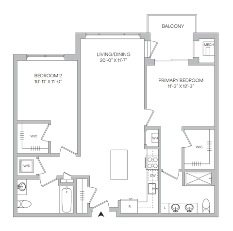Floorplan of a 2 bedroom 2bath 1,112 square foot apartment with a balcony